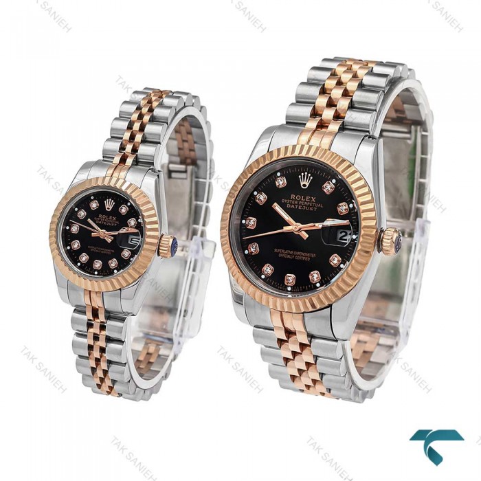 ست ساعت رولکس دورنگ رزگلد صفحه مشکی ایندکس نگین Rolex-6113-S