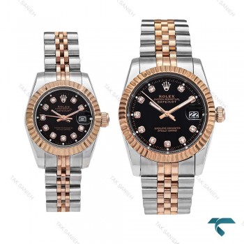 ست ساعت رولکس دورنگ رزگلد صفحه مشکی ایندکس نگین Rolex-6113-S