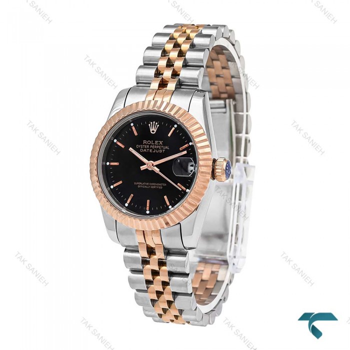 ساعت زنانه رولکس دورنگ رزگلد صفحه مشکی ایندکس خط متوسط Rolex-6114-L