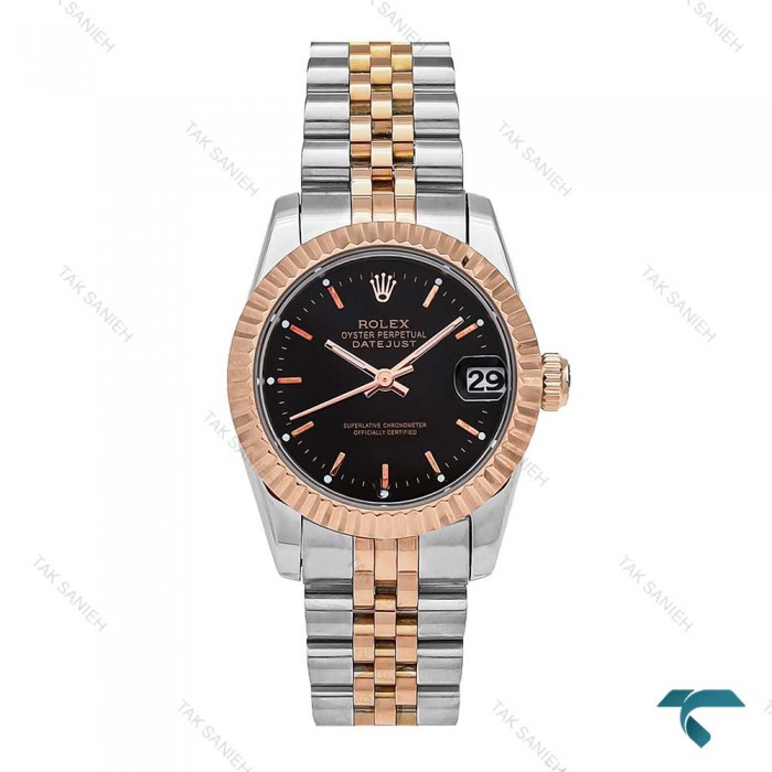 ساعت زنانه رولکس دورنگ رزگلد صفحه مشکی ایندکس خط متوسط Rolex-6114-L