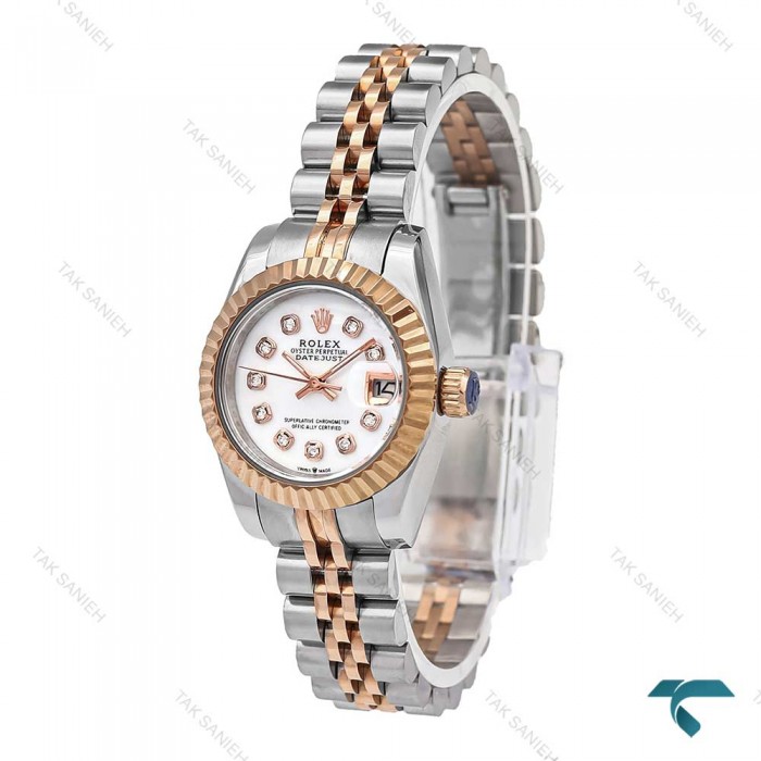 ساعت رولکس زنانه دورنگ رزگلد صفحه سفید ایندکس خط اسمال Rolex-6121-L