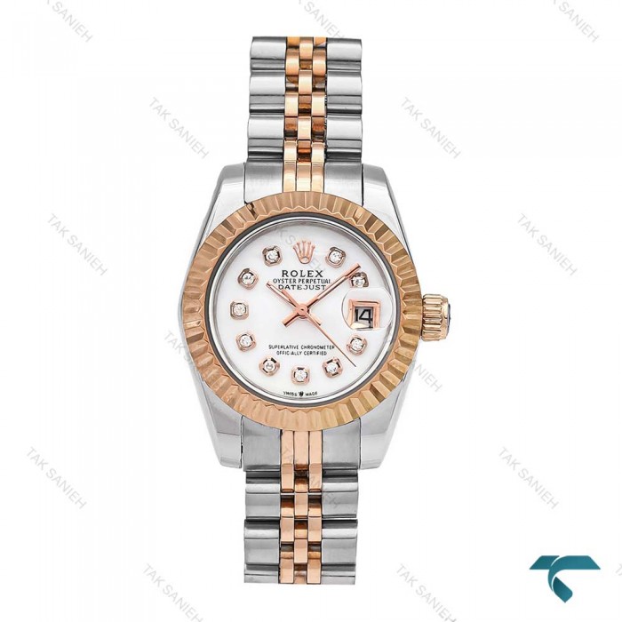 ساعت رولکس زنانه دورنگ رزگلد صفحه سفید ایندکس خط اسمال Rolex-6121-L