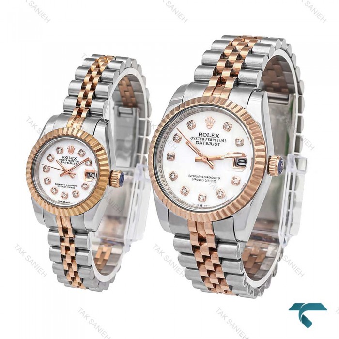 ست ساعت رولکس عروس داماد دورنگ رزگلد صفحه سفید ایندکس نگین Rolex-6122-S