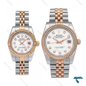 ست ساعت رولکس عروس داماد دورنگ رزگلد صفحه سفید ایندکس نگین Rolex-6122-S