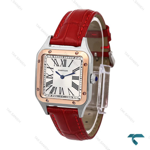 ساعت کارتیر سانتوس دومونت دورنگ رزگلد بندچرم قرمز مدیوم Cartier-6173-G
