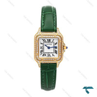 کارتیه پنته زنانه طلایی بندچرم سبز فول نگین اسمال Cartier-6274-L