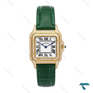 ساعت مچی کارتیر پنته طلایی بند چرم سبز فول نگین مدیوم Cartier-6275-L