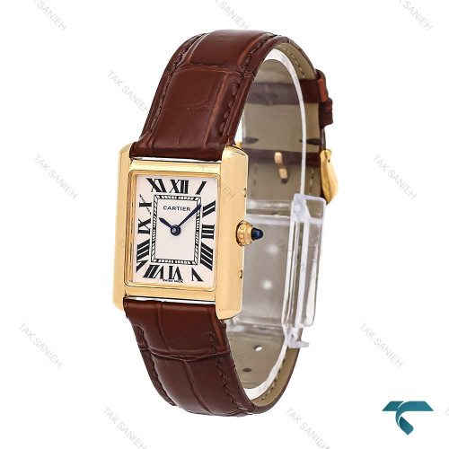 ساعت کارتیه Tank زنانه طلایی بند چرم قهوه ای اسمال Cartier-6363-L