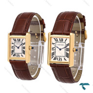 کارتیر تانک ست زنانه مردانه بند چرم قهوه ای قاب طلایی Cartier-6365-S