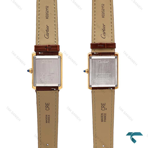 کارتیر تانک ست زنانه مردانه بند چرم قهوه ای قاب طلایی Cartier-6365-S