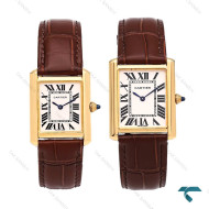 کارتیر تانک ست زنانه مردانه بند چرم قهوه ای قاب طلایی Cartier-6365-S