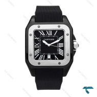 ساعت کارتیر سانتوس 100 مردانه مشکی نقره ای بند رابر Cartier-6366-G