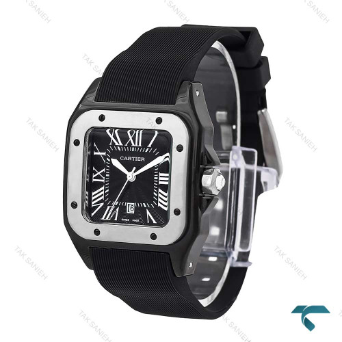 کارتیه سانتوس 100 زنانه مشکی نقره ای بند رابر Cartier-6367-L