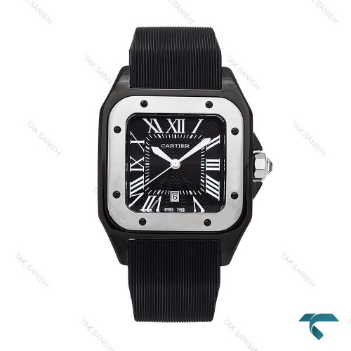 کارتیه سانتوس 100 زنانه مشکی نقره ای بند رابر Cartier-6367-L