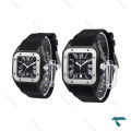 ست ساعت کارتیه سانتوس 100 مشکی سیلور بند رابر Cartier-6368-S