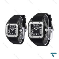 ست ساعت کارتیه سانتوس 100 مشکی سیلور بند رابر Cartier-6368-S