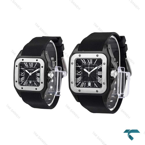ست ساعت کارتیه سانتوس 100 مشکی سیلور بند رابر Cartier-6368-S