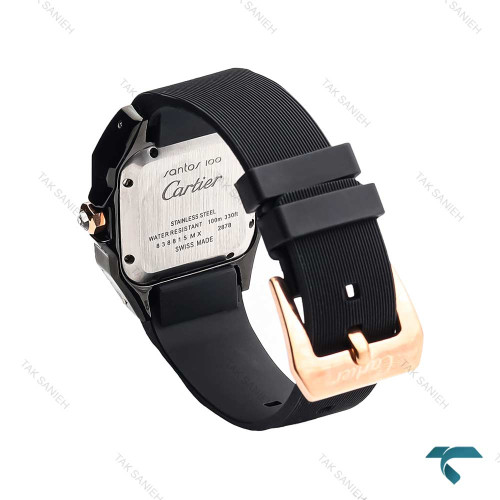 ساعت کارتیر سانتوس 100 زنانه مشکی رزگلد بند رابر Cartier-6369-L