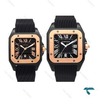 ساعت ست کارتیر سانتوس 100مشکی رزگلد بند رابر Cartier-6371-S