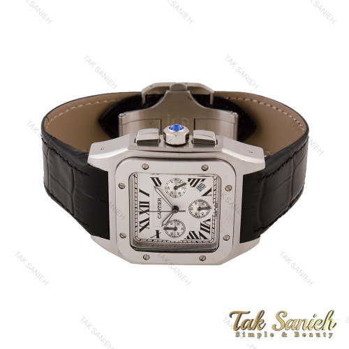 ساعت کارتیه سانتوس 100 مردانه سه موتوره بند چرم مشکی Cartier-5681-G