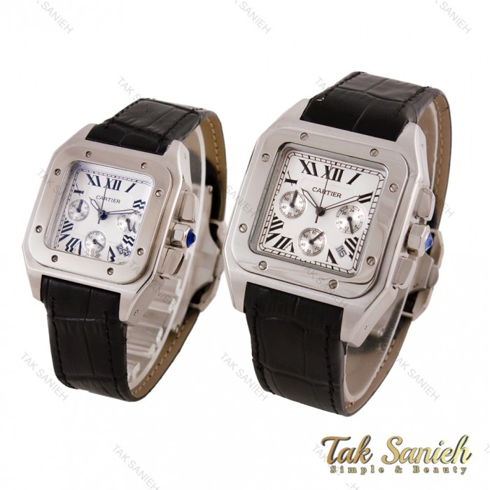 ساعت ست کارتیه سانتوس 100 سه موتوره بند چرم Cartier-5682-S