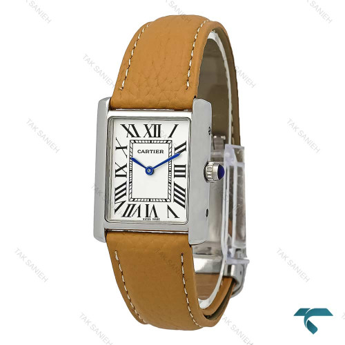 ساعت کارتیر تانک زنانه سیلور بند چرم عسلی متوسط Cartier-7214-L