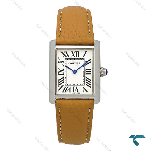 ساعت کارتیر تانک زنانه سیلور بند چرم عسلی متوسط Cartier-7214-L