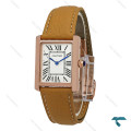 کارتیر تانک Tank زنانه رزگلد بند چرم عسلی Cartier-7220-L