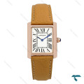 کارتیر تانک Tank زنانه رزگلد بند چرم عسلی Cartier-7220-L