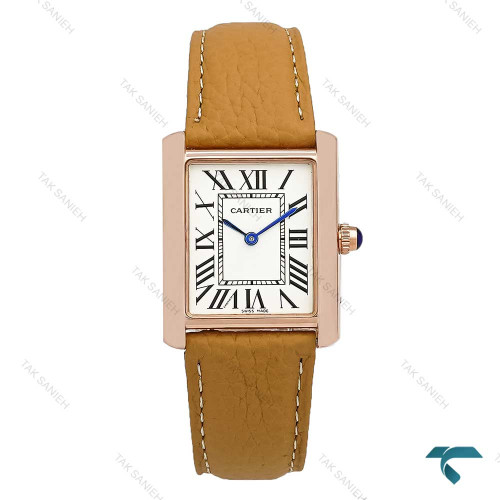 کارتیر تانک Tank زنانه رزگلد بند چرم عسلی Cartier-7220-L
