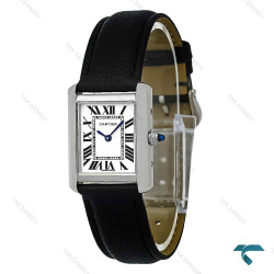 ساعت زنانه کارتیه تانک نقره ای بند چرم مشکی اسمال Cartier-7922-L
