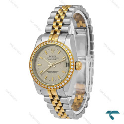 ساعت رولکس دیت جاست زنانه دورنگ طلایی صفحه طوسی دورنگین Rolex-8648-L