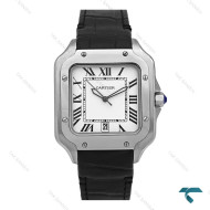 ساعت کارتیر Santos De Cartier مردانه نقره ای بند چرم مشکی Cartier-7303-G
