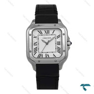ساعت کارتیه Santos De Cartier زنانه نقره ای بند چرم مشکی Cartier-7304-L