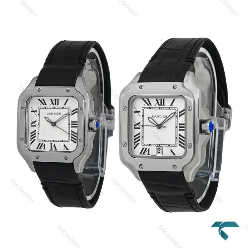 ساعت ست کارتیه Santos De Cartier سیلور بند چرم مشکی Cartier-7305-S