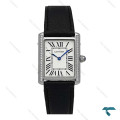 ساعت زنانه کارتیه تانک سیلور دورنگین بند چرم مشکی Cartier-7424-L