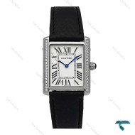 ساعت زنانه کارتیه تانک سیلور دورنگین بند چرم مشکی Cartier-7424-L