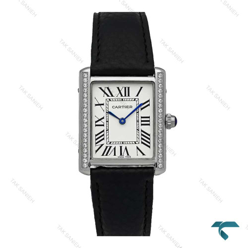 ساعت زنانه کارتیه تانک سیلور دورنگین بند چرم مشکی Cartier-7424-L