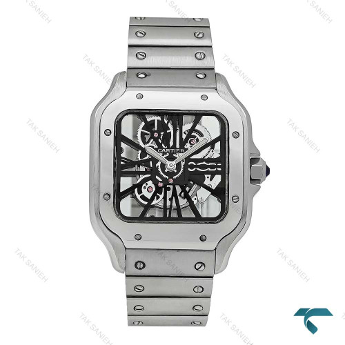 ساعت کارتیر سانتوس د کارتیر مردانه نقره ای صفحه اسکلتون مشکی Cartier-7426-G