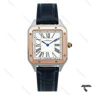 ساعت کارتیر سانتوس دومونت زنانه دورنگ رزگلد بند سرمه ای متوسط Cartier-10612-G