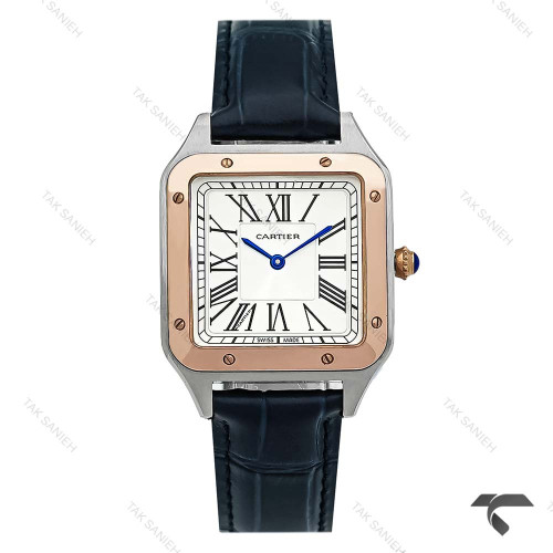 ساعت کارتیر سانتوس دومونت زنانه دورنگ رزگلد بند سرمه ای متوسط Cartier-10612-G