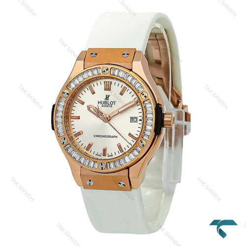 ساعت هابلوت زنانه رزگلد دورنگین بند رابر سفید Hublot-8803-L