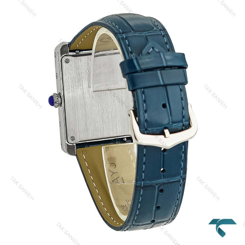 ساعت کارتیه تانک مردانه نقره ای بند چرم سرمه ای Cartier-8888-G
