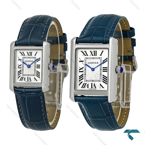 ساعت ست کارتیر تانک نقره ای بند چرم سرمه ای Cartier-8890-S