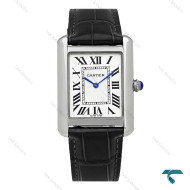 ساعت کارتیر تانک مردانه نقره ای بند چرم مشکی Cartier-8891-G