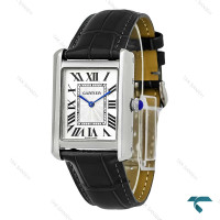 ساعت کارتیر تانک مردانه نقره ای بند چرم مشکی Cartier-8891-G