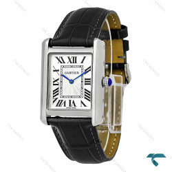 ساعت کارتیر تانک مردانه نقره ای بند چرم مشکی Cartier-8891-G