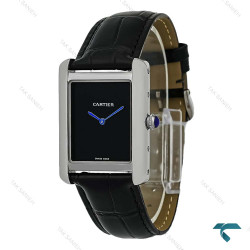 ساعت کارتیر تانک مردانه سیلور صفحه مهندسی بند چرم مشکی Cartier-8920-G