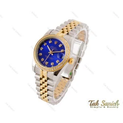 ساعت رولکس زنانه طلایی نقره ای نگین دار صفحه سرمه ای Rolex-3510-L