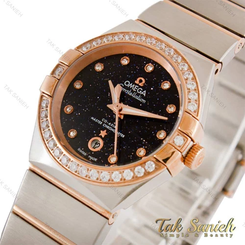 ساعت امگا زنانه کانسلیشن رزگلد سیلور نگین دار صفحه مشکی Omega-4379-L